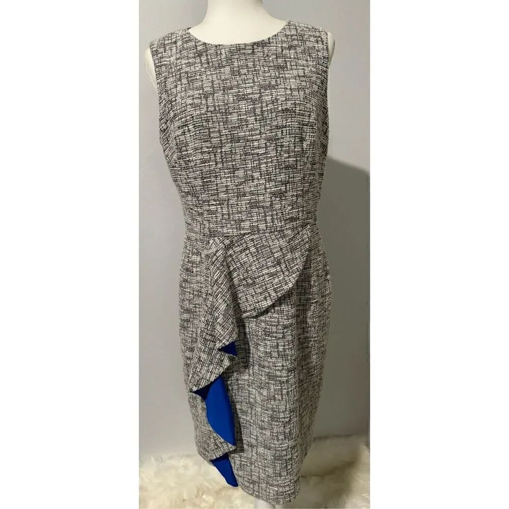 Eliza J tweed sheath sleeveless ruffle front